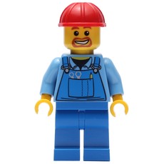 Construction Worker, Blue Overalls over Medium Blue Shirt, Red Hard Hat, Goatee Beard (fig-000443)
