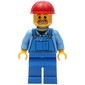 Construction Worker, Blue Overalls over Medium Blue Shirt, Red Hard Hat, Goatee Beard