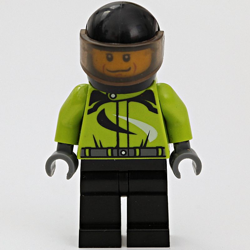 LEGO Set fig-000481 Racer, Lime and Black Jumpsuit, Black Helmet with Visor (Minifig - Front)