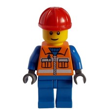 Construction Worker, Orange Safety Vest with Zipper and Pockets, Blue Legs, Red Hard Hat (fig-000542)