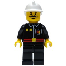 Fireman, Black Fire Jacket with Red Belt and Badge, White Helmet, Moustache (fig-000546)