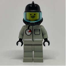 Fireman, Light Gray Fire Suit with Gauge and Pocket, Black Helmet with Visor, Breathing Apparatus, Airtanks, Moustache (fig-000606)