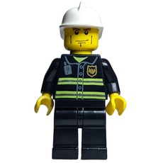 Fireman, Black Fire Jacket with Reflective Stripes, Radio, and Badge, Yellow Hands, White Helmet, Cheek Lines (fig-000609)