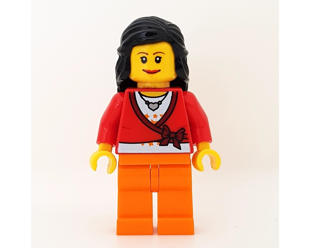 LEGO Set fig-000617 Red Torso, Orange Legs, Black Hair | Rebrickable ...