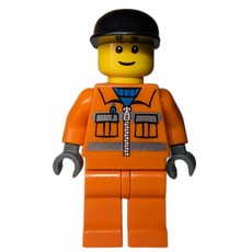 Construction Worker, Orange Jacket with Zipper and Reflective Stripes, Orange Legs, Black Cap (fig-000619)