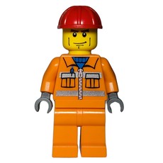 Construction Worker, Orange Jacket with Zipper and Reflective Stripes, Orange Legs, Red Hard Hat, Cheek Lines (fig-000620)