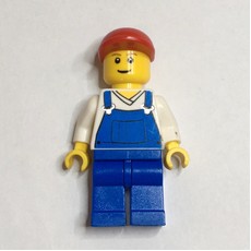 Man, Blue Overalls over White V-Neck Shirt, Red Cap, Brown Eyebrows (fig-000633)