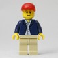Man, Open Dark Blue Jacket, Tan Legs, Red Cap