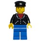 Man, Open Black Jacket over Red Shirt, Blue Legs, Black Cap