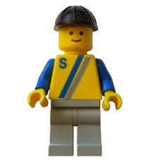 Man, Yellow Shirt with Two Stripes and 'S', Light Gray Legs, Black Hard Hat (fig-000672)