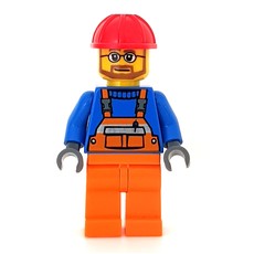 Construction Worker, Orange Overalls, Red Hard Hat, Beard and Glasses (fig-000679)