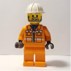 Garry - Construction Worker, Orange Jacket with Zipper and Reflective Stripes, Orange Legs, White Hard Hat, Beard (fig-000692)
