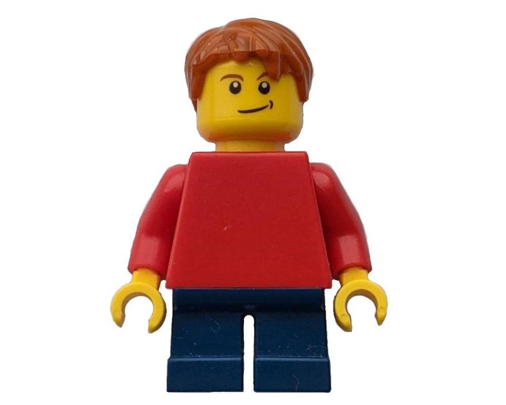 LEGO Set fig-000777 Boy, Plain Red Torso, Short Dark Blue Legs, Dark ...