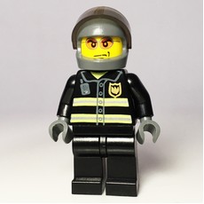 Fireman, Black Fire Jacket with Reflective Stripes, Radio, and Badge, Dark Bluish Gray Helmet with Visor, Orange Sunglasses (fig-000779)