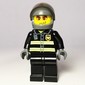 Fireman, Black Fire Jacket with Reflective Stripes, Radio, and Badge, Dark Bluish Gray Helmet with Visor, Orange Sunglasses