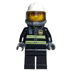 Fireman, Black Fire Jacket with Reflective Stripes, Radio, and Badge, White Helmet, Breathing Apparatus, Airtanks, Orange Sunglasses (fig-000780)