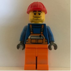 Construction Worker, Orange Overalls over Blue Sweater, Red Hard Hat, Stubble (fig-000781)