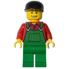 Man, Green Overalls over Red Shirt, Black Cap (fig-000801)