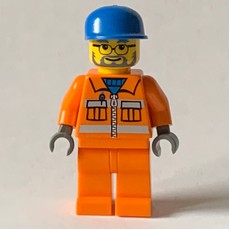 Construction Worker in Orange Jacket with Zipper and Reflective Stripes, Blue Cap, Gray Beard (fig-000807)