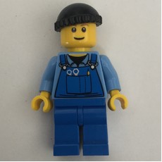 Man, Blue Overalls over Shirt, Blue Legs, Black Hat, Reddish Brown Eyebrows (fig-000831)