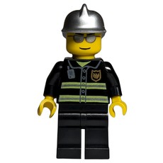 Fireman, Black Fire Jacket with Reflective Stripes, Radio, and Badge, Silver Helmet, Silver Sunglasses (fig-000845)