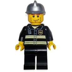 Fireman, Black Fire Jacket with Reflective Stripes, Radio, and Badge, Silver Helmet, Cheek Lines (fig-000854)