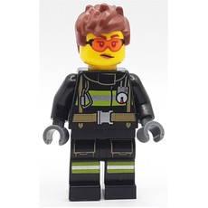 Firefighter, Black Fire Suit, Reddish Brown Hair, Orange Safety Glasses (fig-000884)