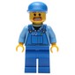 Construction Worker, Blue Overalls over Medium Blue Shirt, Blue Cap, Goatee Beard