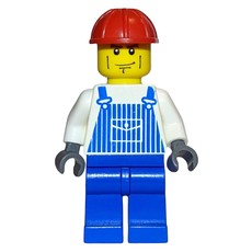 Construction Worker, White and Blue Overalls, Red Hard Hat, Cheek Lines (fig-001068)