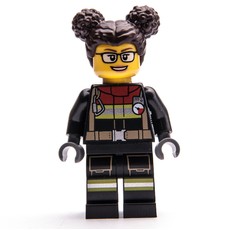 Firefighter, Black Fire Suit, Dark Brown Hair with Two Buns, Glasses (fig-001075)