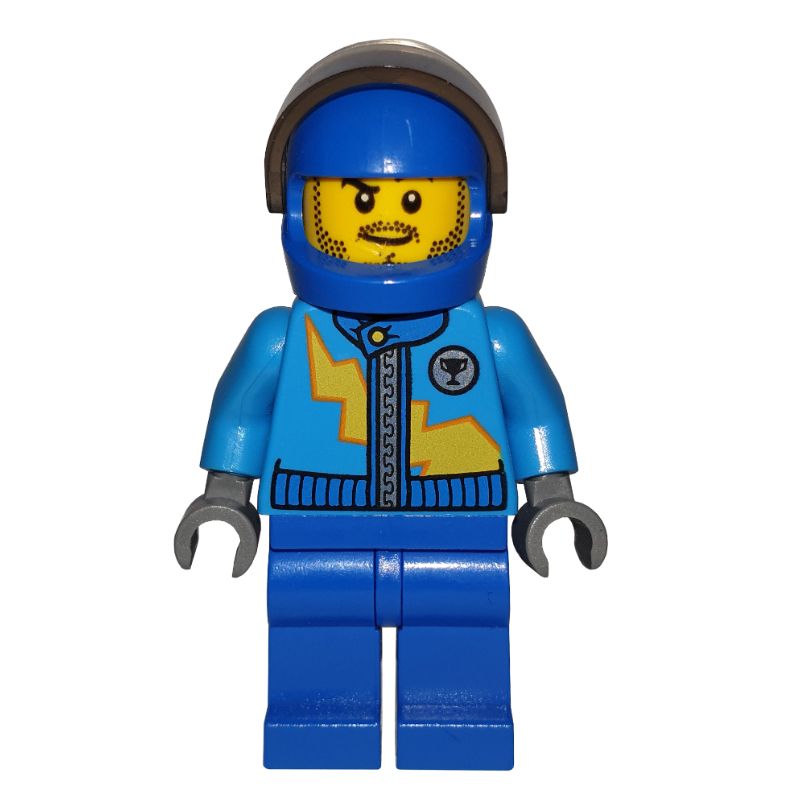 LEGO Set fig-001078 Racer, Helmet Jumpsuit, and Rebrickable | - Dark Blue Yellow Build Life Vest with Visor, Azure Blue LEGO with
