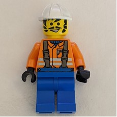 Construction Worker, Orange Jacket with Suspenders, White Hard Hat, Moustache and Sideburns (fig-001086)