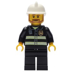 Fireman, Black Fire Jacket with Reflective Stripes, Radio, and Badge, White Helmet, Angular Beard (fig-001100)