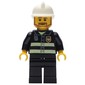 Fireman, Black Fire Jacket with Reflective Stripes, Radio, and Badge, White Helmet, Angular Beard
