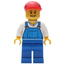 Man, Blue Overalls over White V-Neck Shirt, Red Cap, Open Mouth (fig-001143)