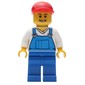 Man, Blue Overalls over White V-Neck Shirt, Red Cap, Open Mouth