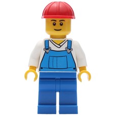 Blue Overalls and White V-Necked Shirt, Red Hard Hat (fig-001144)