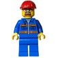 Worker, Blue Jacket with Orange Stripes, Blue Legs, Red Hard Hat, Goatee Beard and Safety Glasses