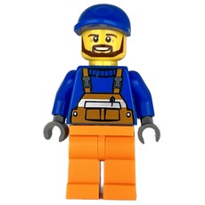 Construction Worker, Orange Overalls over Blue Sweater, Blue Cap, Beard (fig-001180)