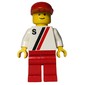 Man, White Shirt with Two Stripes and 'S', Red Legs, Red Cap