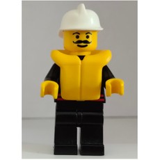 Fireman, Black Fire Jacket with Red Belt and Badge, White Helmet, Yellow Life Vest, Moustache (fig-001205)