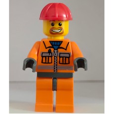Construction Worker, Orange Jacket with Zipper and Reflective Stripes, Orange Legs, Red Hard Hat, Goatee Beard (fig-001209)