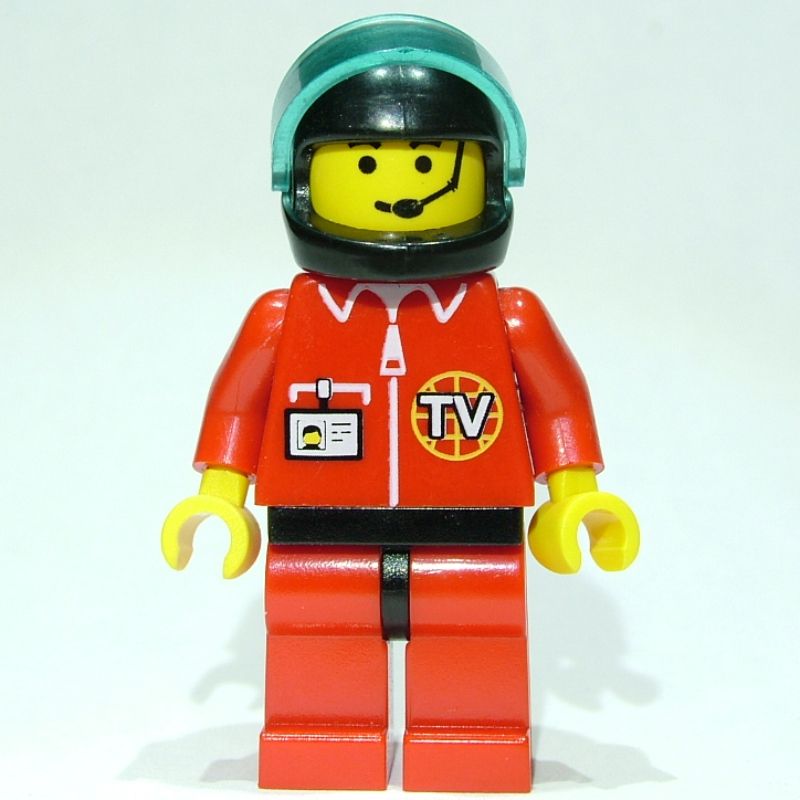 LEGO Set fig-001273 Pilot, Red Jumpsuit with TV Logo, Black Helmet with Visor, Headset (Minifig - Front)