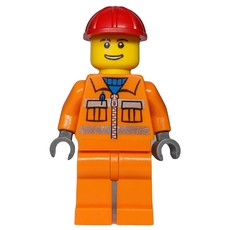 Construction Worker, Orange Jacket with Zipper and Reflective Stripes, Red Hard Hat (fig-001290)