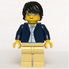 Man, Open Dark Blue Jacket, Tan Legs, Black Hair, Silver Sunglasses (fig-001308)