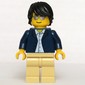 Man, Open Dark Blue Jacket, Tan Legs, Black Hair, Silver Sunglasses