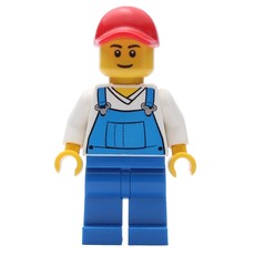 Man, Blue Overalls over White V-Neck Shirt, Red Cap (fig-001368)