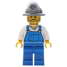 Miner, Blue Overalls over White V-Necked Shirt, Mining Hat (fig-001389)