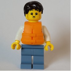 Man, White and Red Striped Shirt, Sand Blue Legs, Orange Life Vest, Dark Brown Hair (fig-001409)