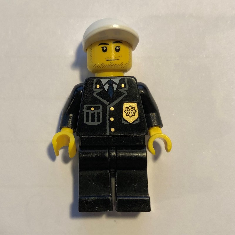 Lego Set Fig-001423 Policeman, Black Suit With Badge, White Cap 